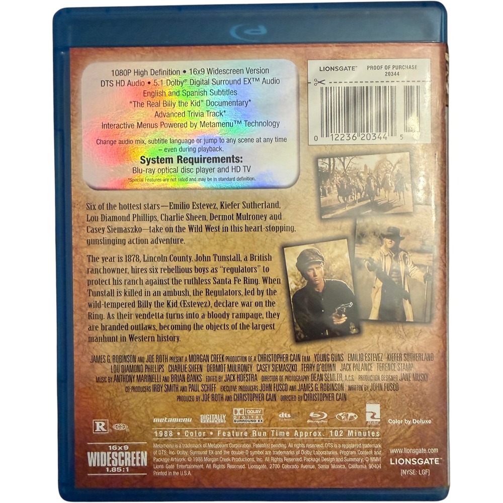 Lionsgate Young Guns Blu-ray Movie 1080p Widescreen Western Excellent - Picture 3 of 4